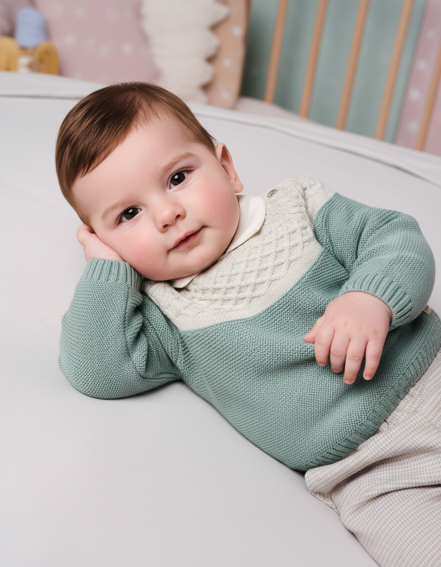 Cozy Baby Knit Sweater in Green & Cream - Soft Cotton Blend