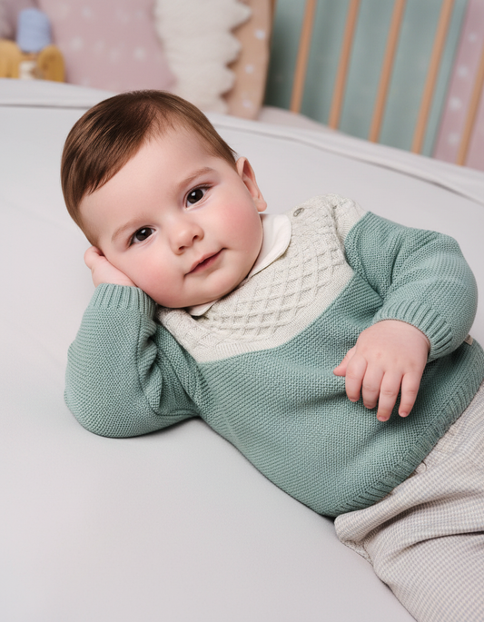 Cozy Baby Knit Sweater in Green & Cream - Soft Cotton Blend