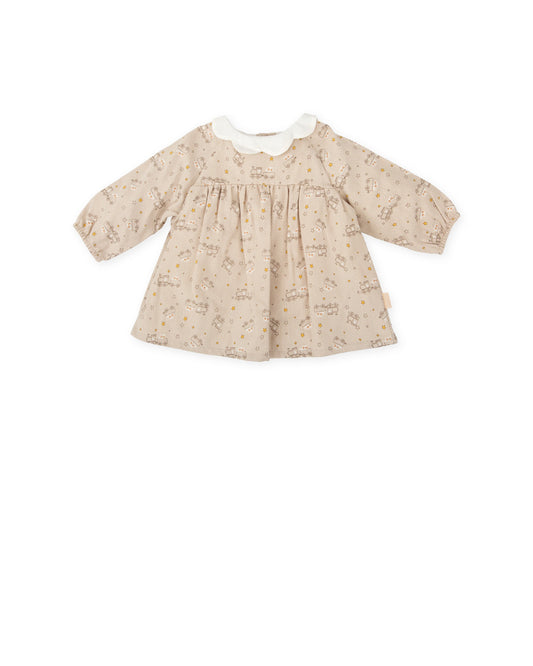 Charming Long-Sleeve Baby Dress with Vintage Train Print