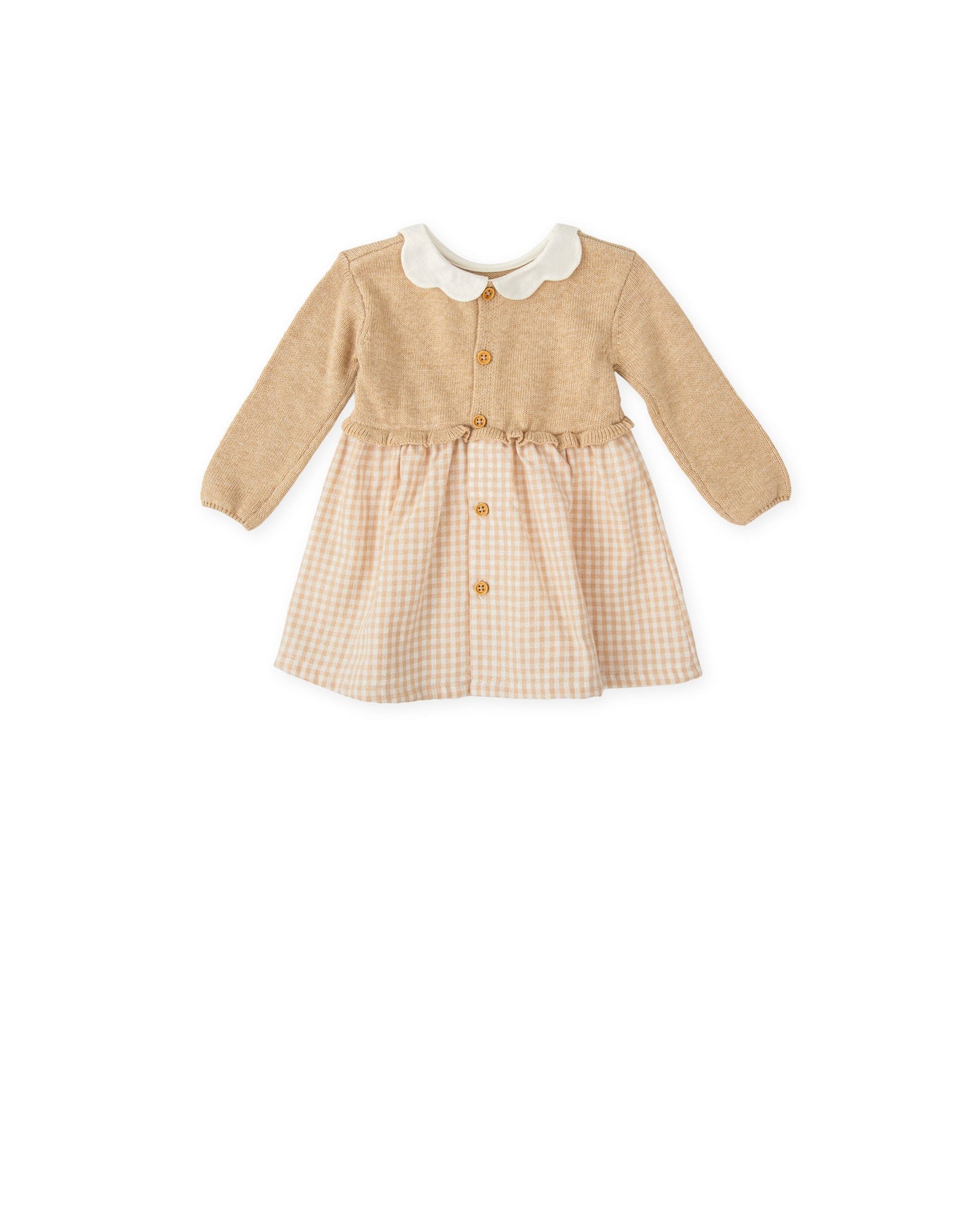 Cozy Knit & Gingham Baby Dress with Scalloped Collar