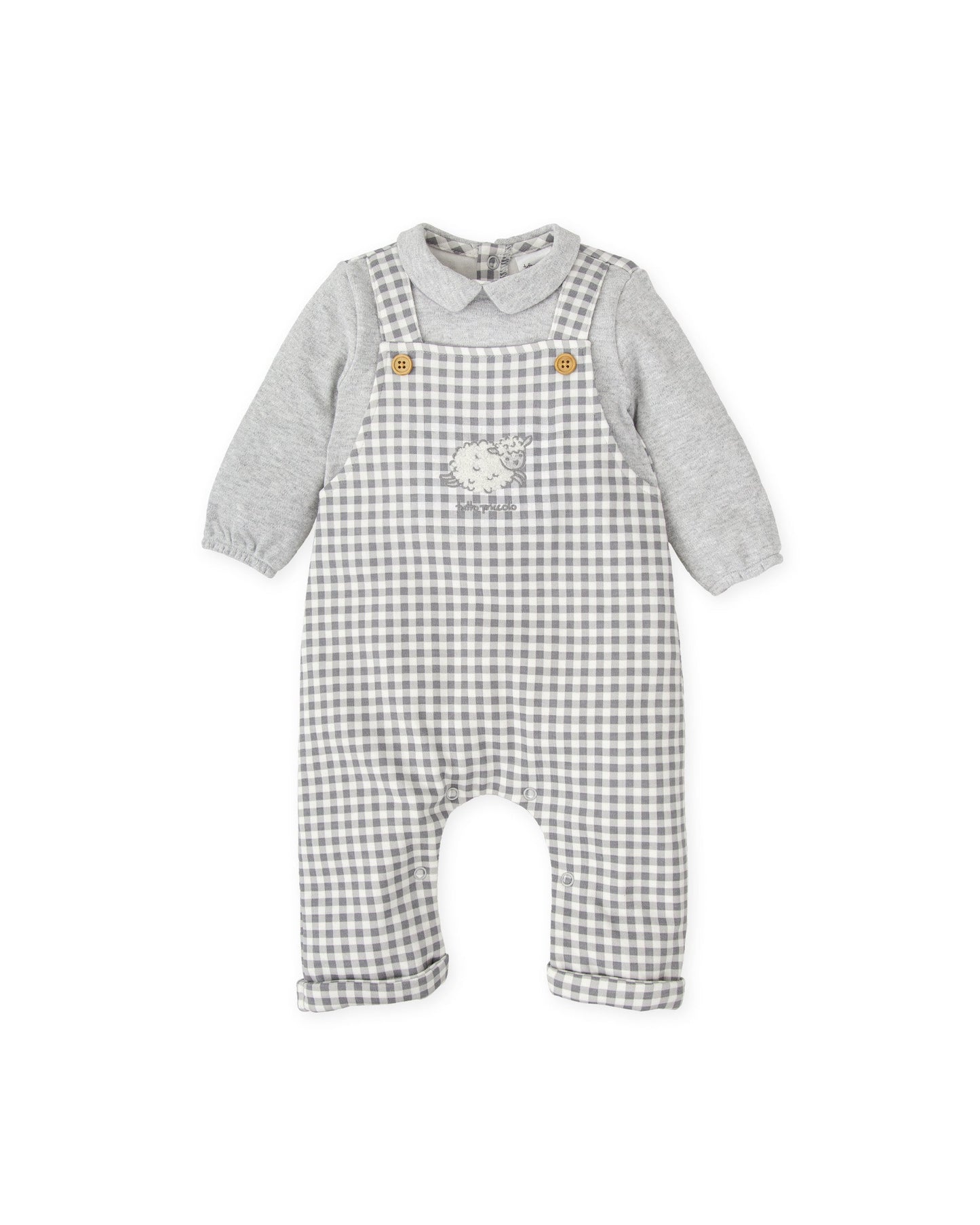 Cozy Gray Gingham Baby Jumpsuit with Sheep Embroidery
