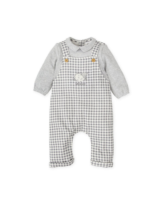 Cozy Gray Gingham Baby Jumpsuit with Sheep Embroidery