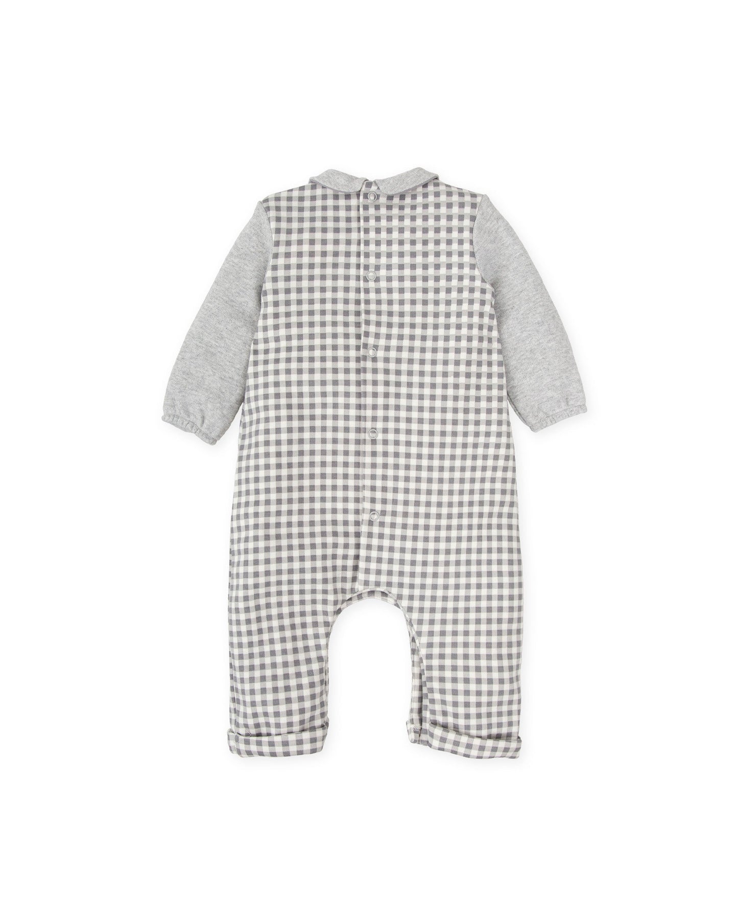 Cozy Gray Gingham Baby Jumpsuit with Sheep Embroidery