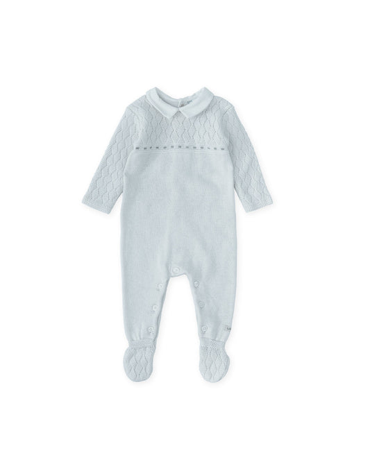 Soft Blue Knit Baby Footie Pajamas with Woven Collar