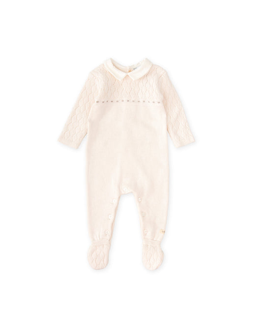 Soft Cream Knit Baby Footie Pajamas with Woven Collar