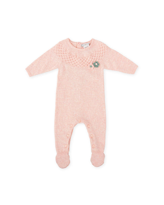 Soft Pink Baby Knit Footie Romper with Floral Design