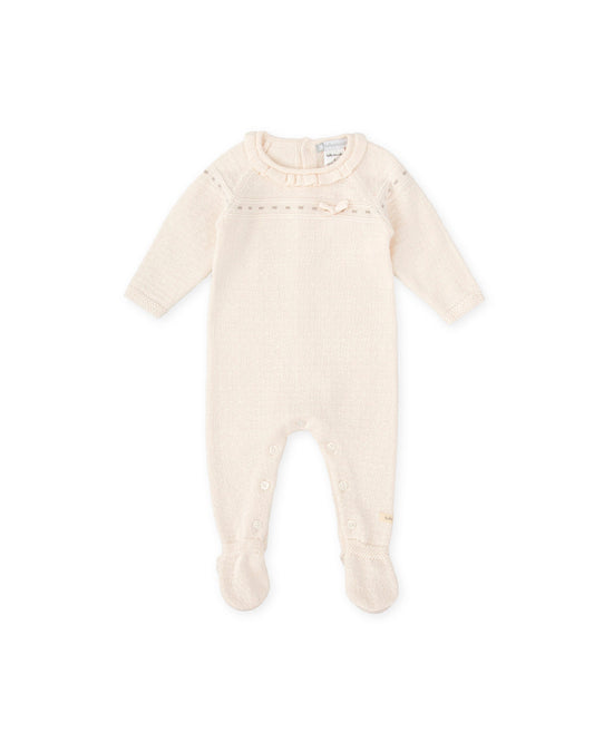 Cozy Ivory Knit Baby Girl Footie Pajamas with Ruffled Collar