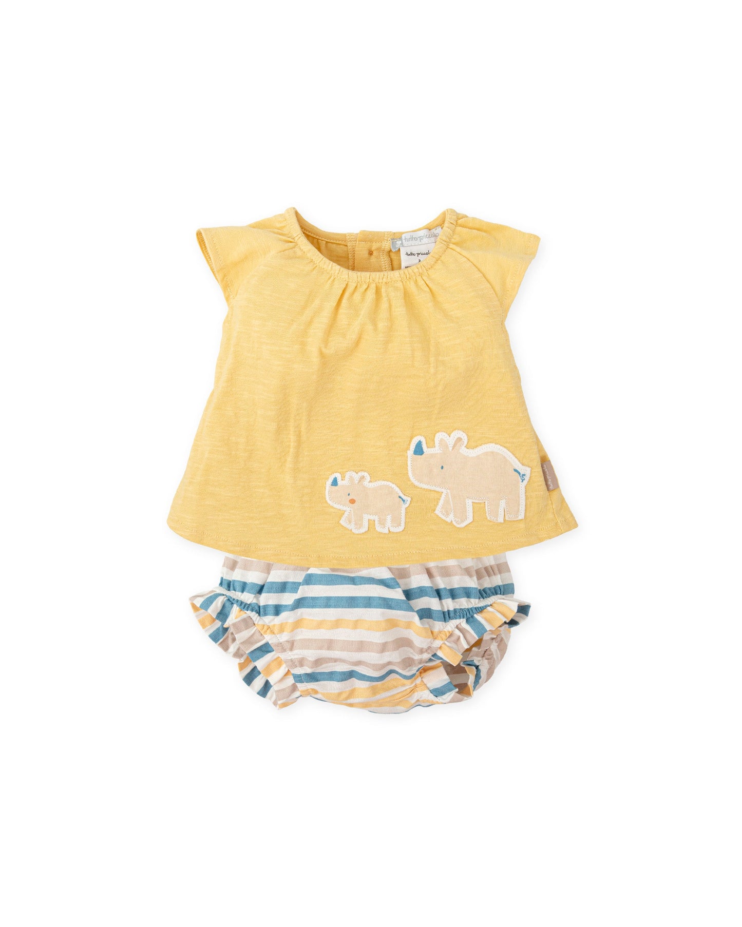 Yellow Baby Outfit Set: Rhino Top & Striped Bloomers - 100% Cotton