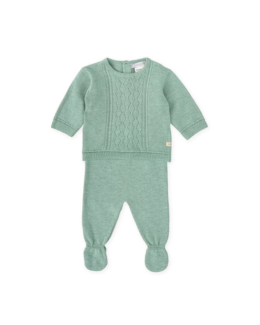 Newborn Two-Piece Knit Set in Sage Green with Footed Leggings