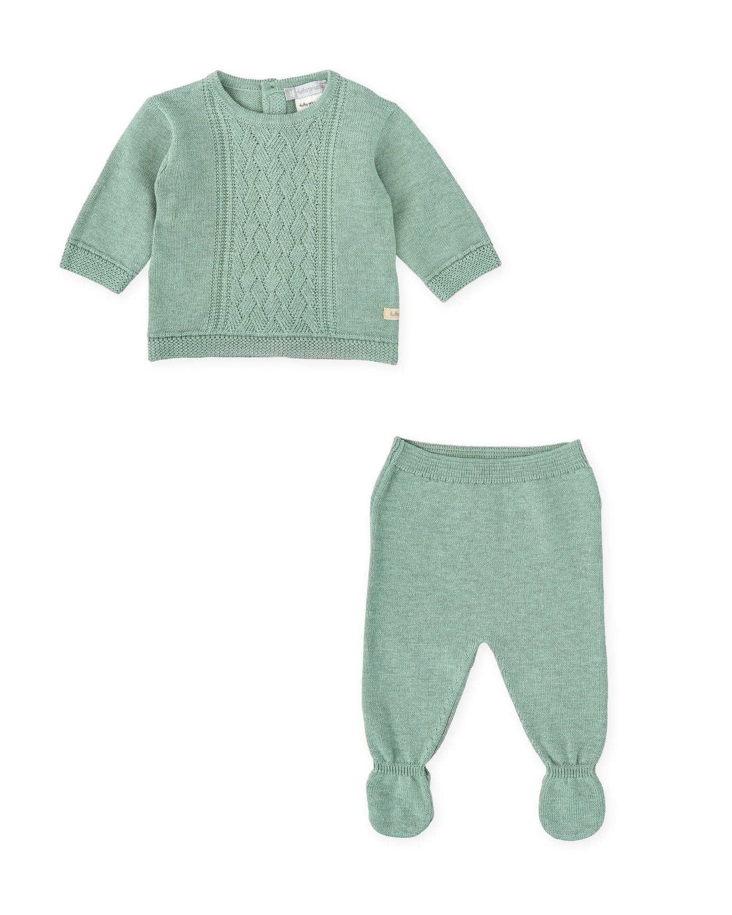 Newborn Two-Piece Knit Set in Sage Green with Footed Leggings