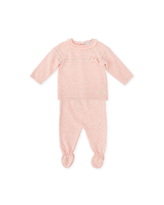Soft Pink Baby Knit Set with Button Top and Footed Pants