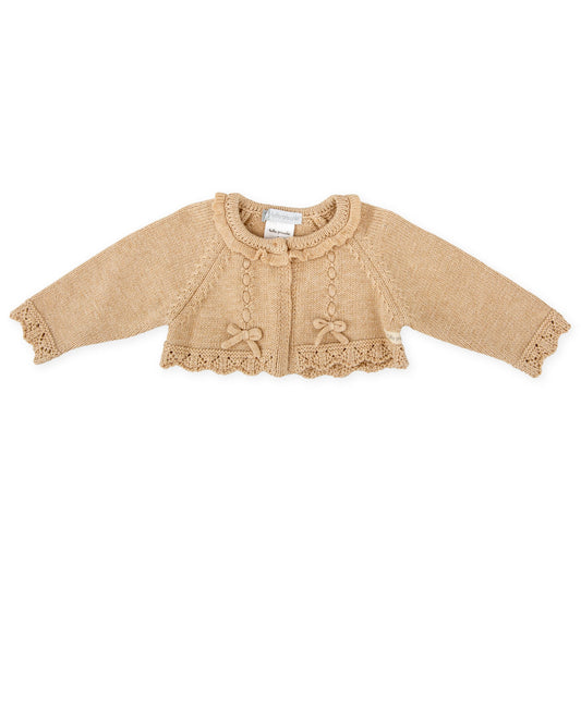 Cozy Sand Knit Baby Cardigan with Lace Trim & Bow Accents