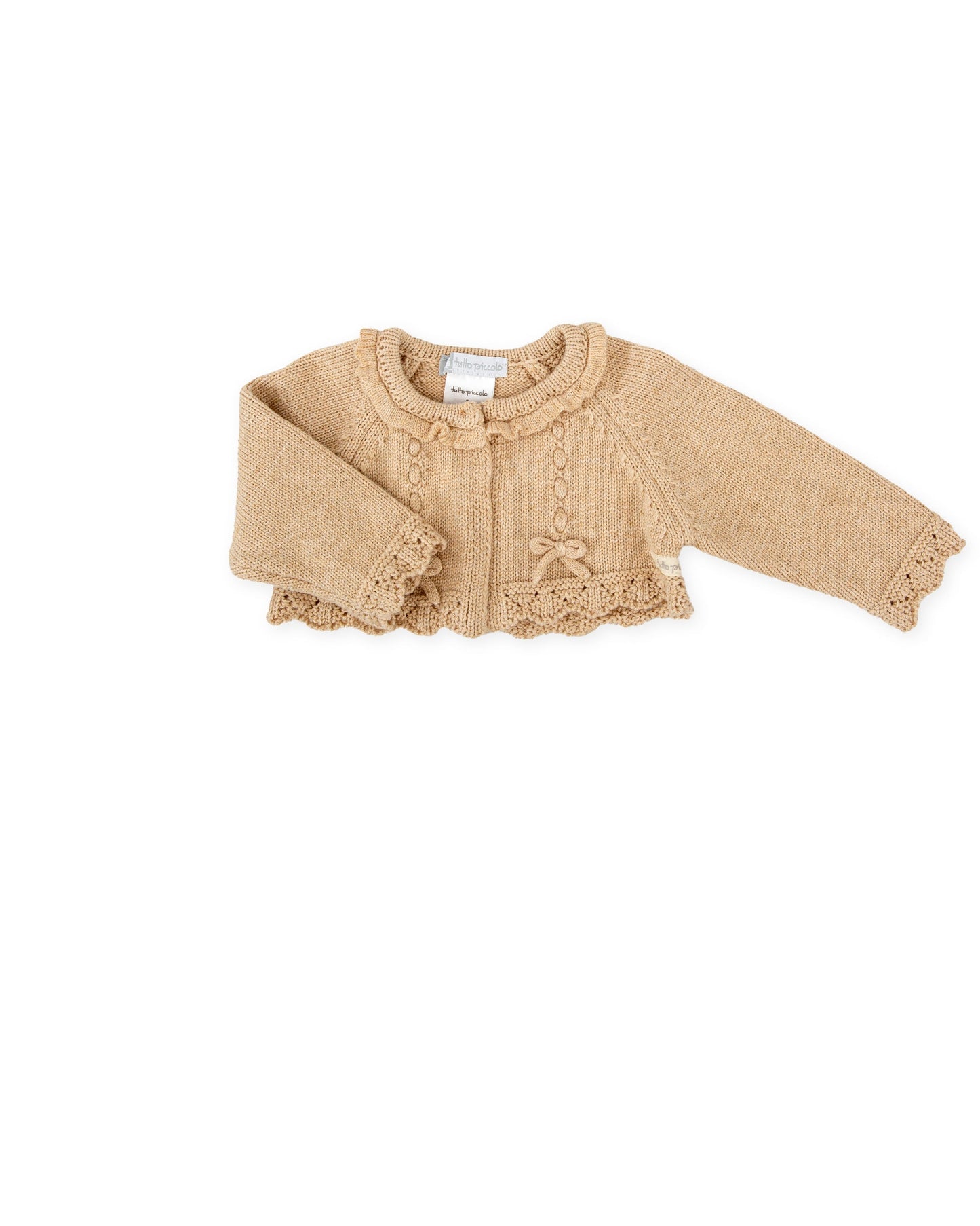Cozy Sand Knit Baby Cardigan with Lace Trim & Bow Accents