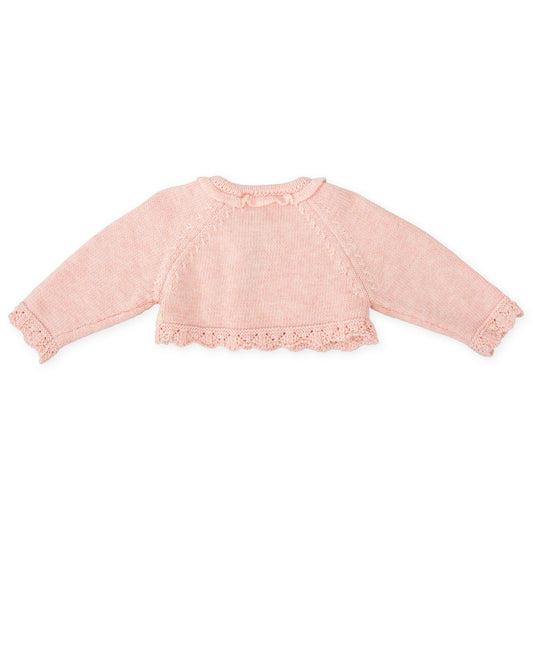 Soft Pink Baby Knit Cardigan with Bows & Lace Trim