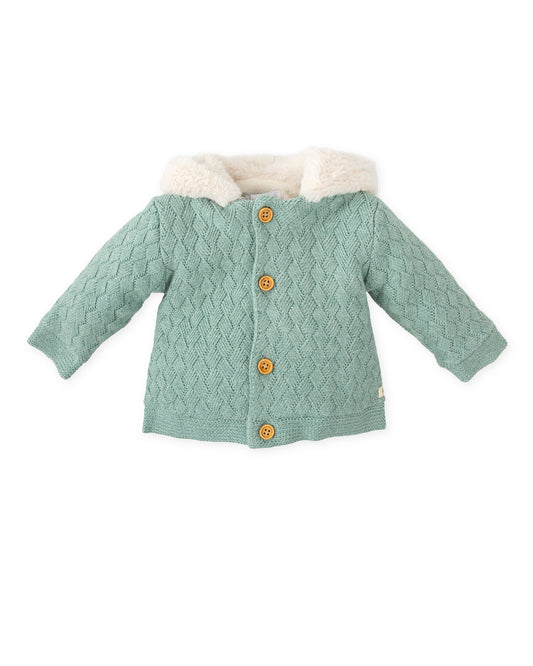 Cozy Sage Green Baby Knit Coat with Faux Fur Lining