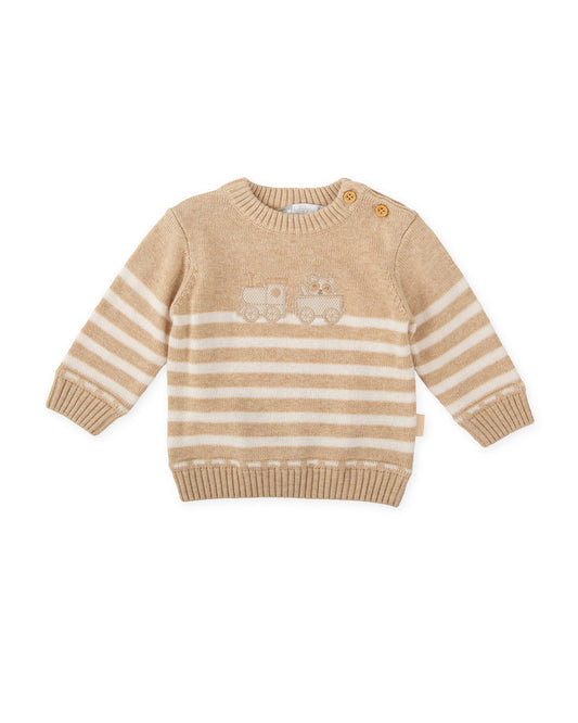 Cozy Beige Striped Knit Baby Sweater with Fun Train Design