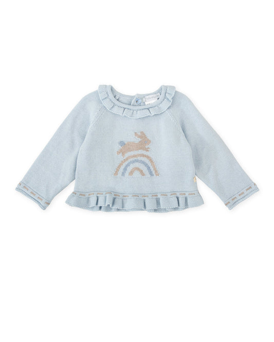 Cozy Baby Girl Blue Knit Sweater with Bunny & Ruffle Details