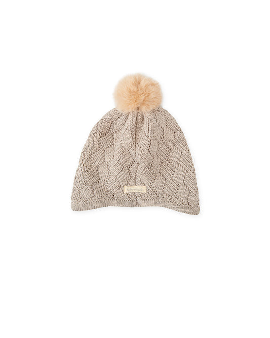 Cozy Baby Knit Hat with Faux-Fur Pom-Pom in Taupe