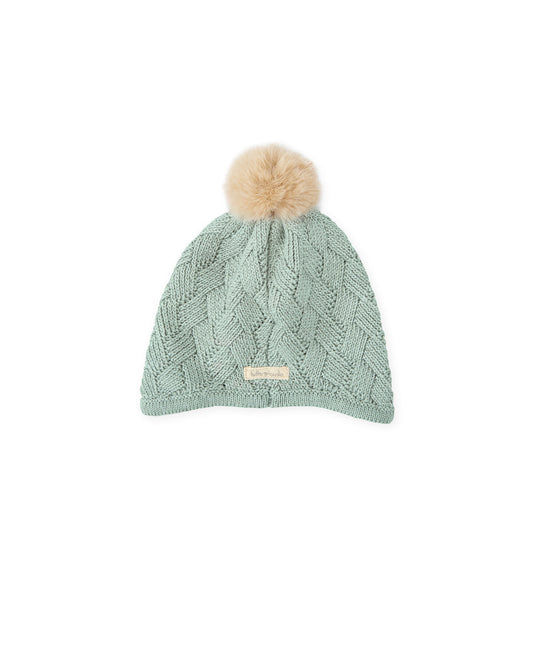 Sage Green Baby Knit Hat with Faux-Fur Pom-Pom - Warm & Stylish