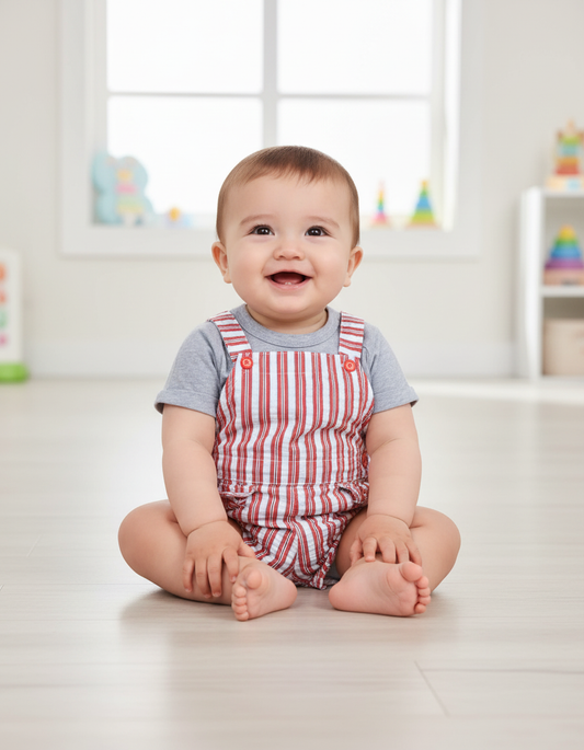 Red & Blue Striped Cotton Baby Romper | Summer Dungaree Outfit