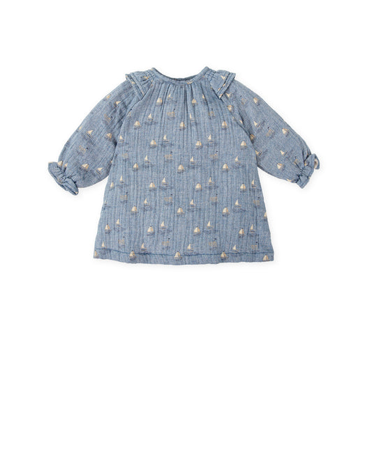 Porcelain Blue Sailboat Print Cotton Dress for Kids