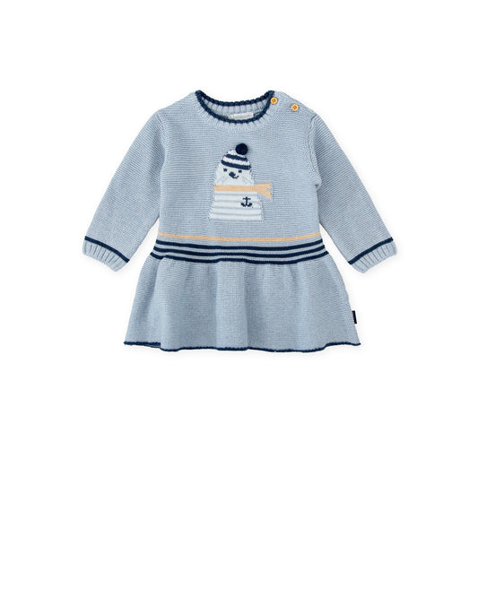 Cozy Blue Knit Dress with Seal Motif & Stripes for Kids