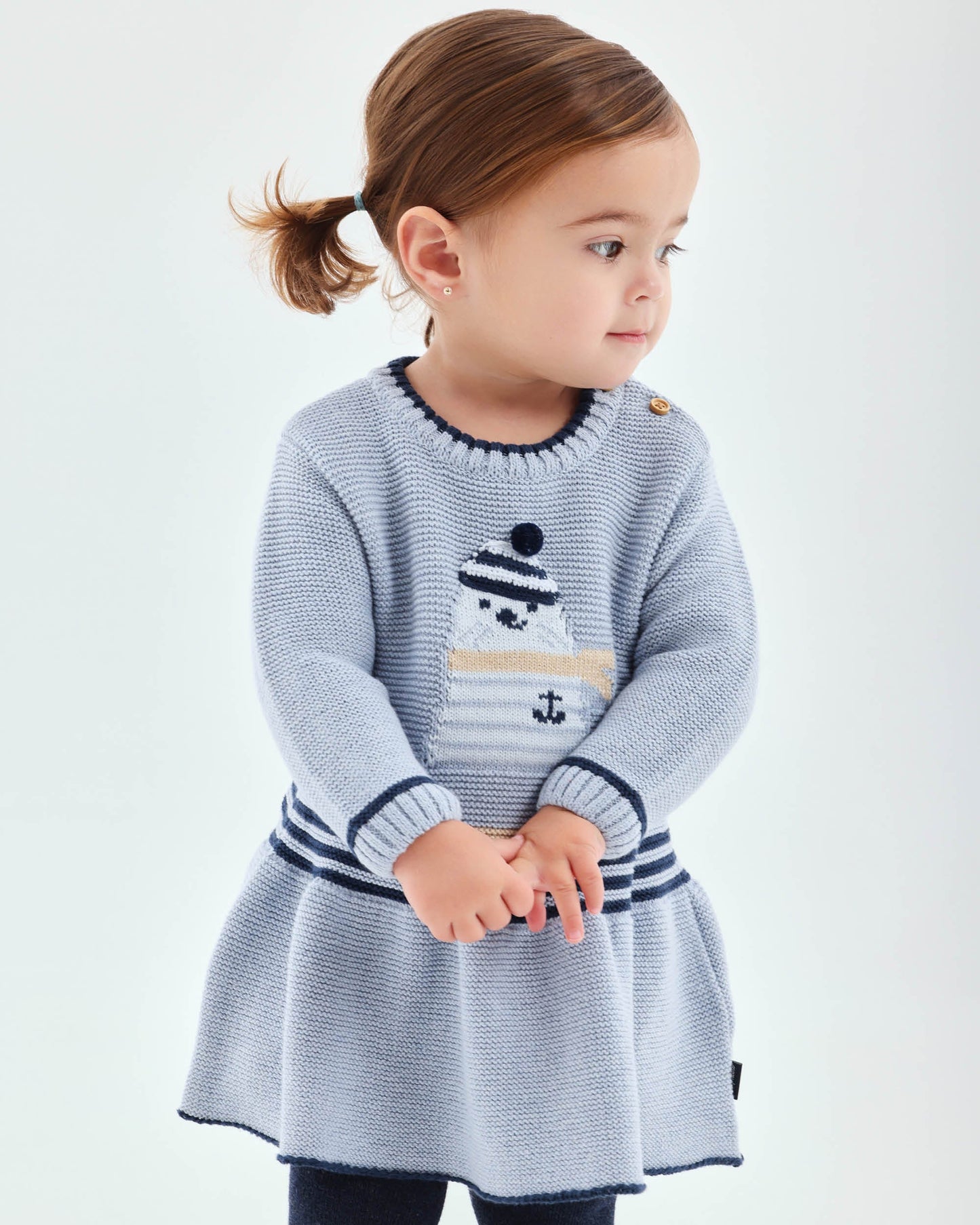 Cozy Blue Knit Dress with Seal Motif & Stripes for Kids
