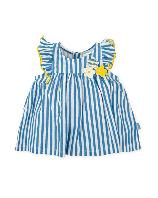 Baby Girl Blue Striped Jersey Dress with Floral & Ruffle Details