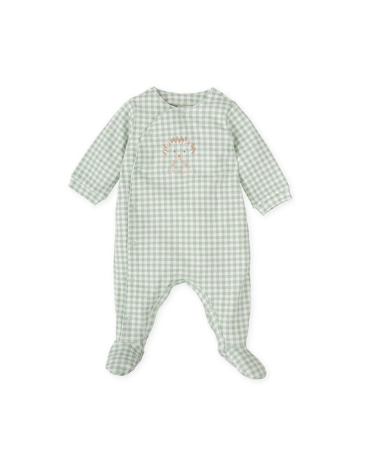 Cozy Green Gingham Footed Baby Romper with Hedgehog Design