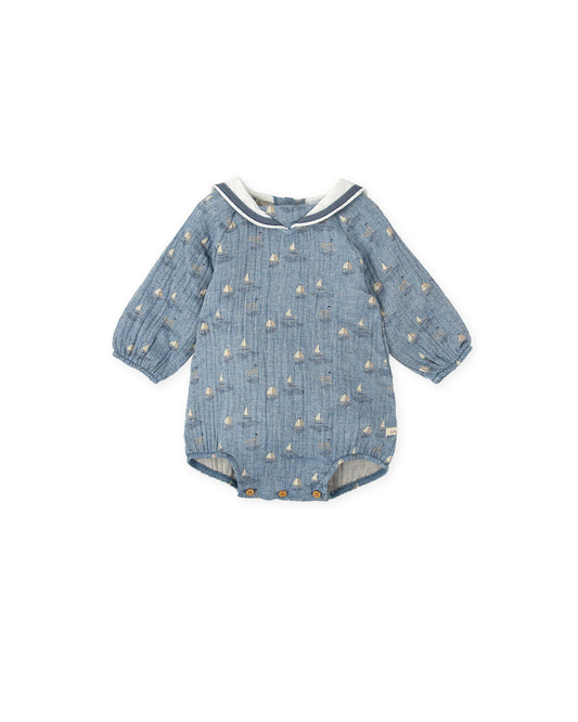 Sailor Collar Long Sleeve Baby Romper - Nautical Cotton Comfort