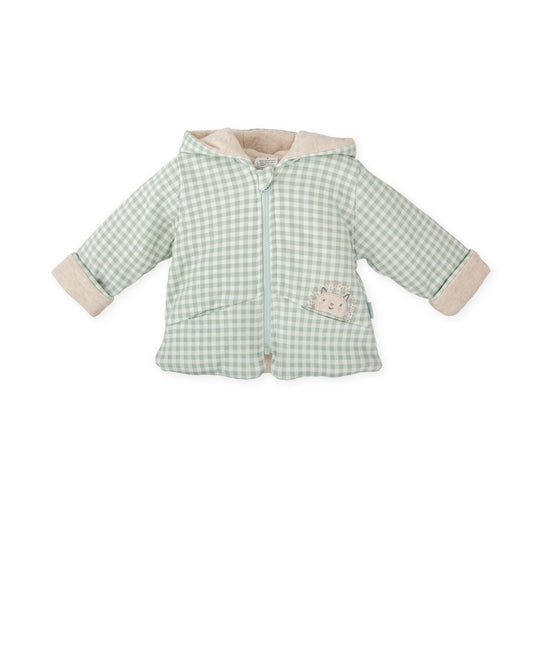Sage Gingham Baby Puffer Jacket with Embroidered Hedgehog