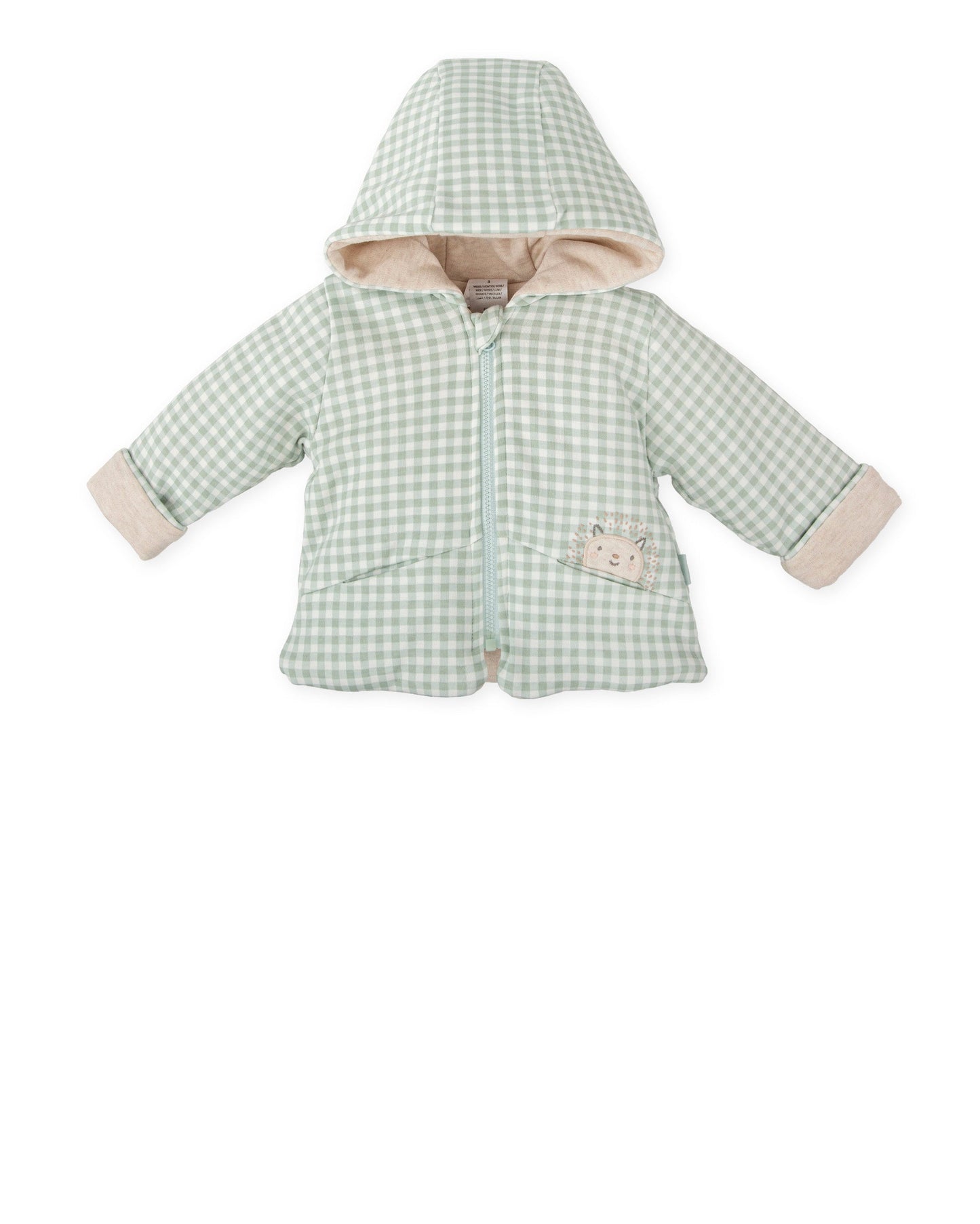 Sage Gingham Baby Puffer Jacket with Embroidered Hedgehog