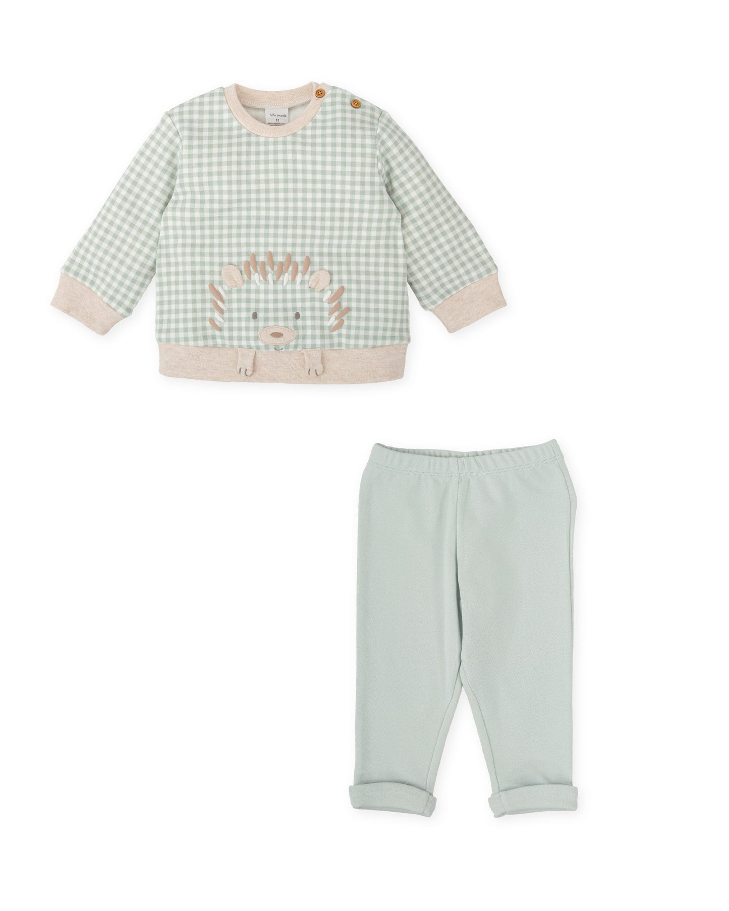 Green Gingham Baby Outfit Set with Embroidered Hedgehog Detail