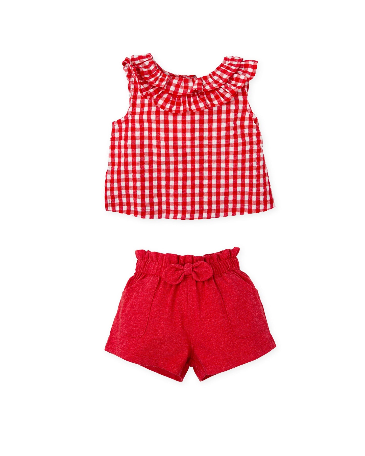 Chic Red Two-Piece Set with Gingham Top and Knit Shorts