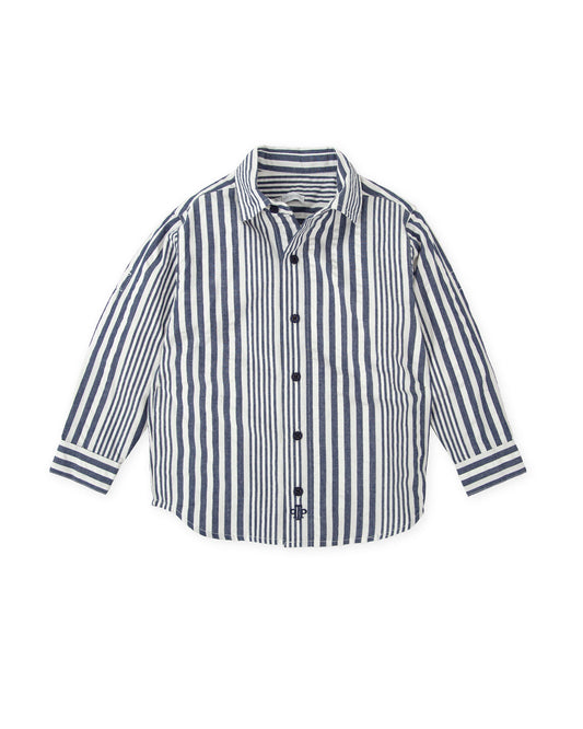 Navy & White Striped Boys' Cotton Shirt - Long Sleeve Classic