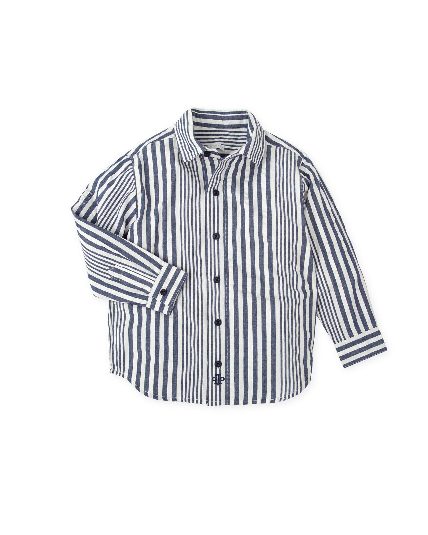 Navy & White Striped Boys' Cotton Shirt - Long Sleeve Classic
