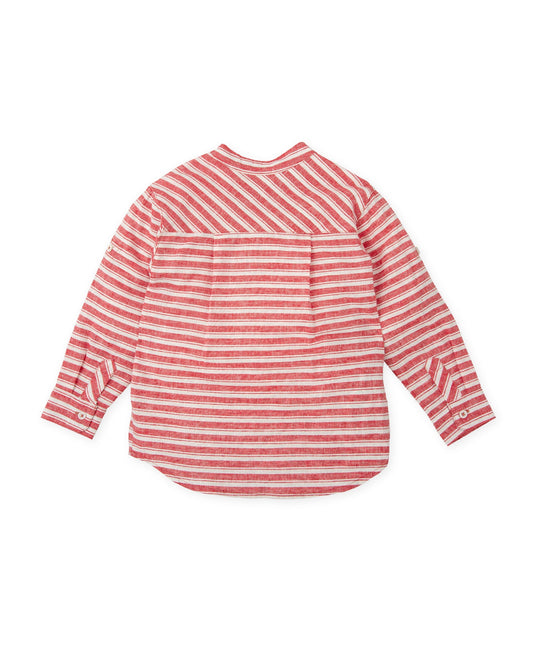 Baby Boy Red Striped Grandad Collar Shirt | Linen-Cotton Long Sleeve