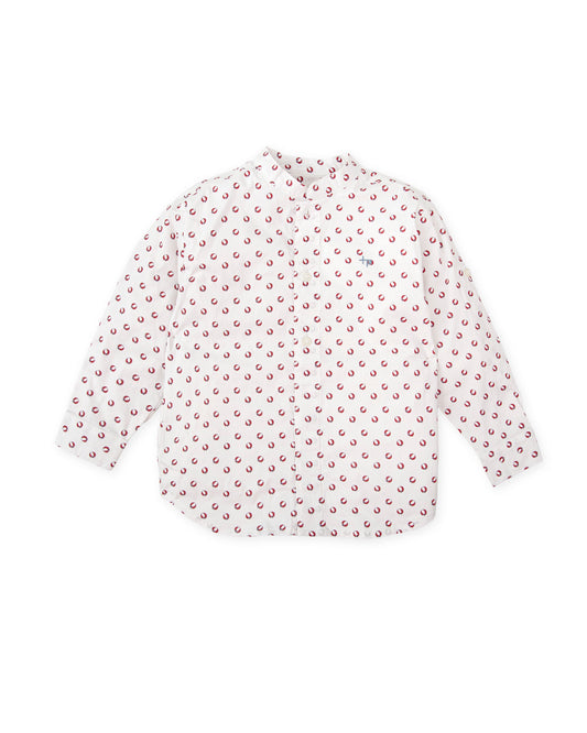 Boy’s White Long Sleeve Shirt with Red Ball Print - Stretch Cotton