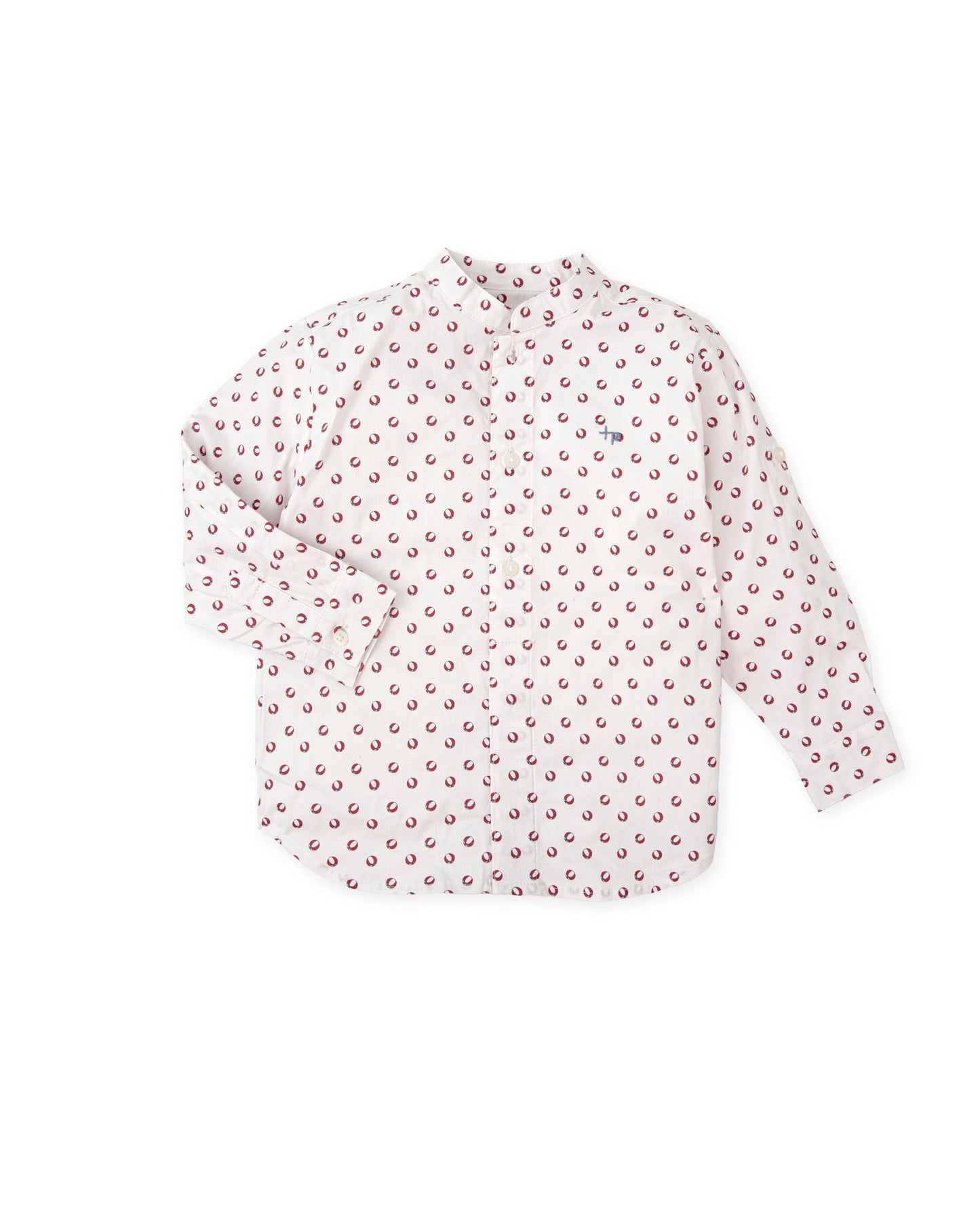 Boy’s White Long Sleeve Shirt with Red Ball Print - Stretch Cotton