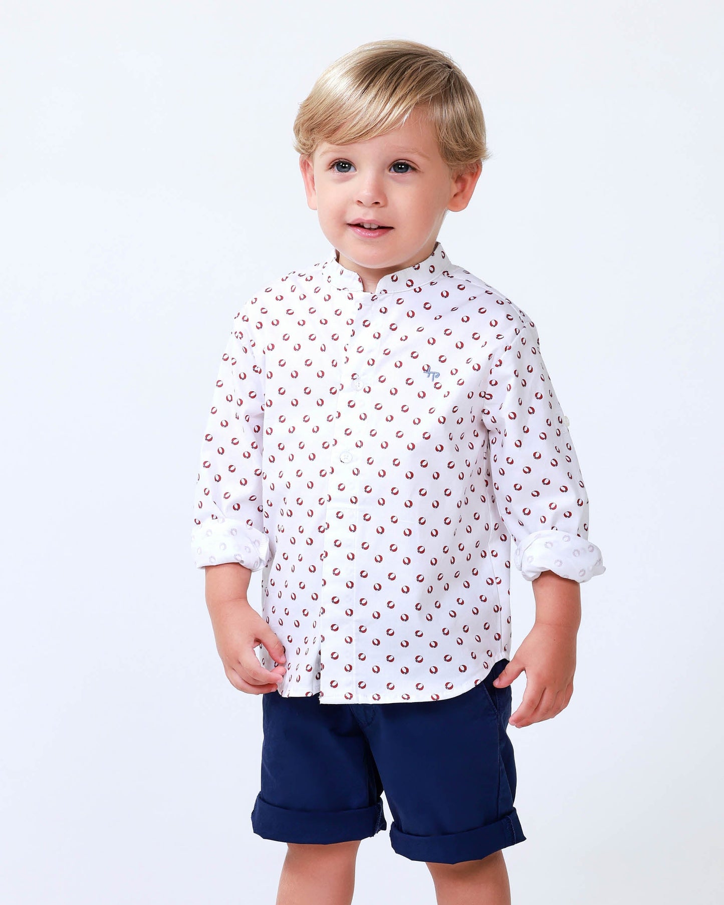Boy’s White Long Sleeve Shirt with Red Ball Print - Stretch Cotton