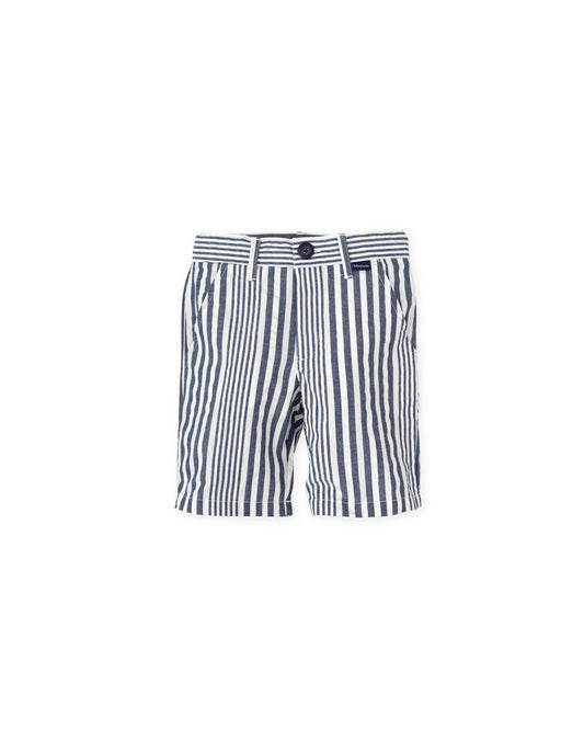 Boys' Navy Blue Cotton Bermuda Shorts with Striped Design