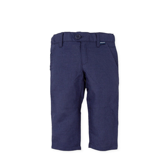Classic Navy Blue Linen-Cotton Kids' Trousers with Adjustable Waist