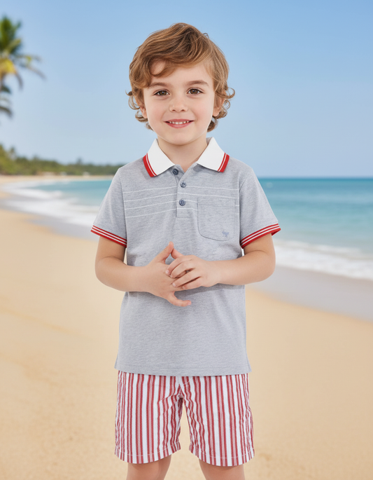 Indigo Polo Neck Shirt with Sporty Red Accents, 100% Cotton