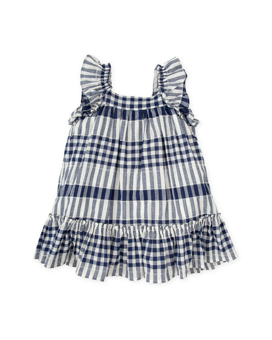 Girls' Navy Gingham Ruffle Dress - Soft Cotton Blend, Perfect for Summer