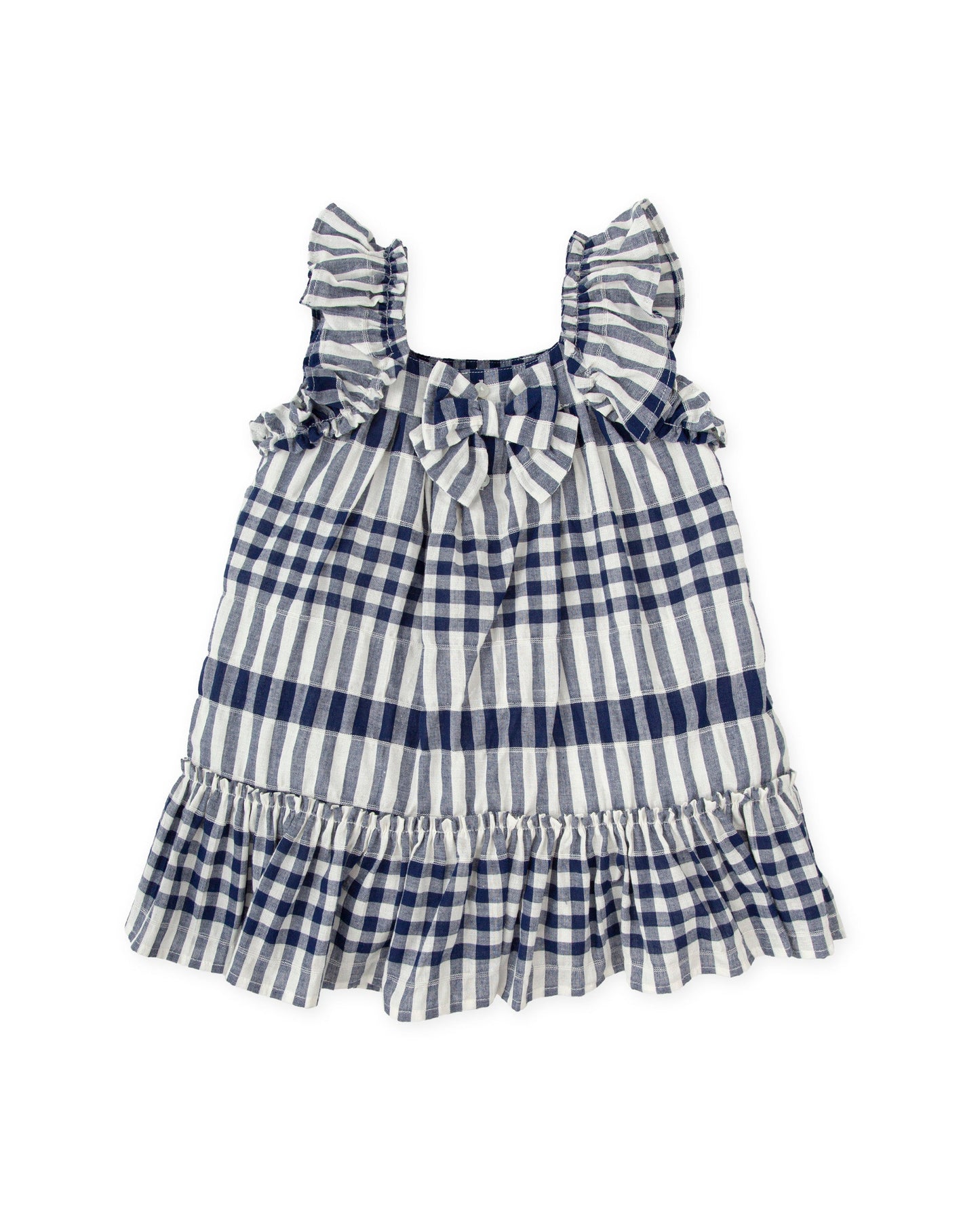 Girls' Navy Gingham Ruffle Dress - Soft Cotton Blend, Perfect for Summer