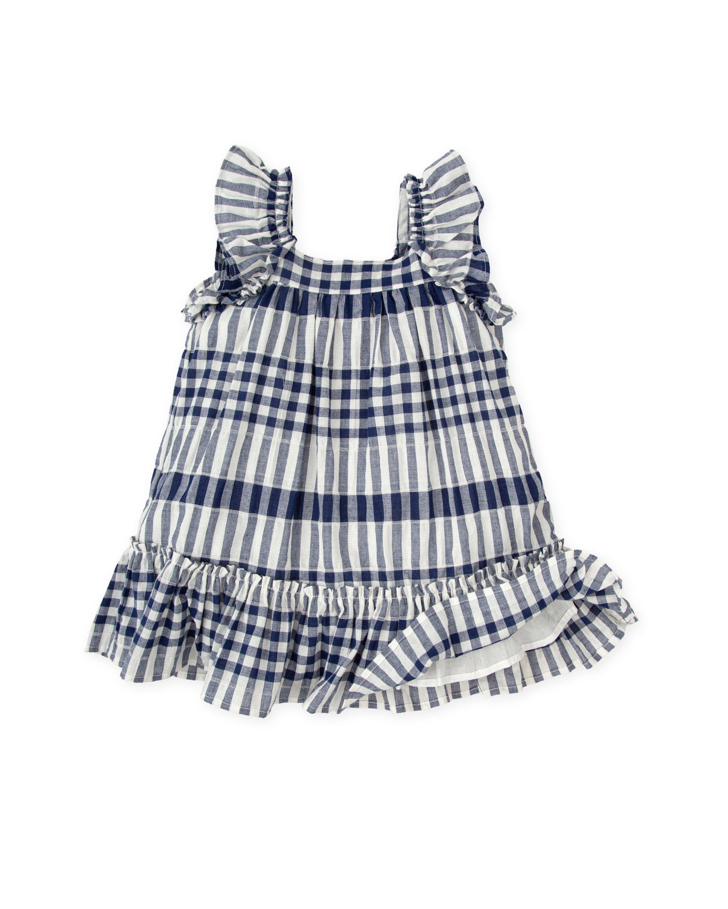 Girls' Navy Gingham Ruffle Dress - Soft Cotton Blend, Perfect for Summer