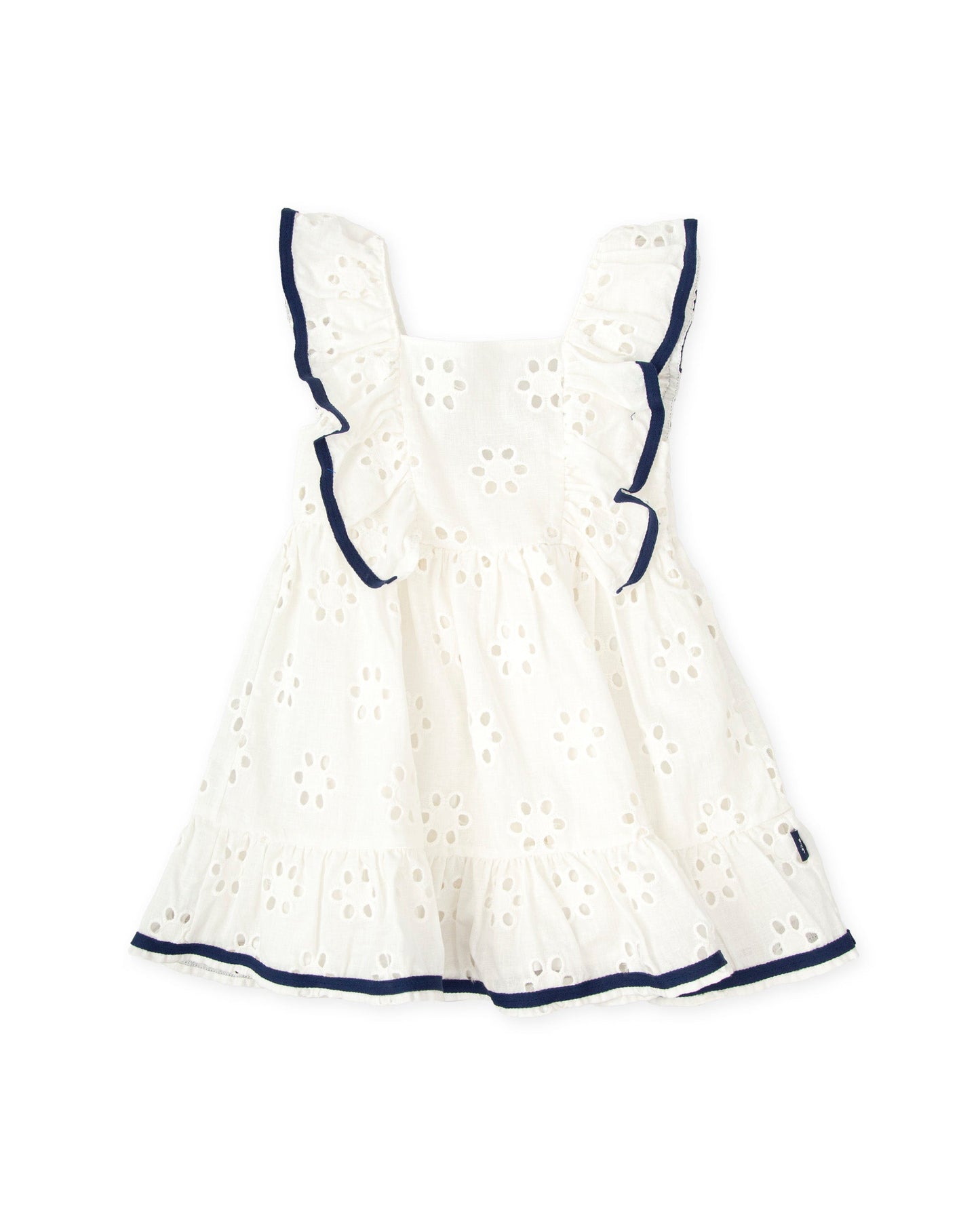 Girls' White Eyelet Summer Dress with Navy Ruffle Trim | Tutto Piccolo