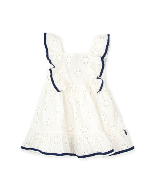 Girls' White Eyelet Summer Dress with Navy Ruffle Trim | Tutto Piccolo