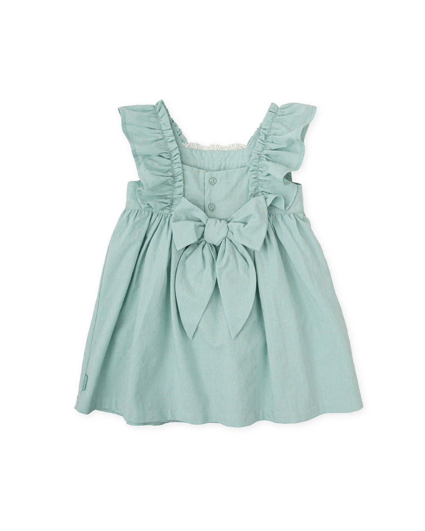Girls' Soft Sage Ruffle Dress with Lace & Bow | 100% Cotton Elegance