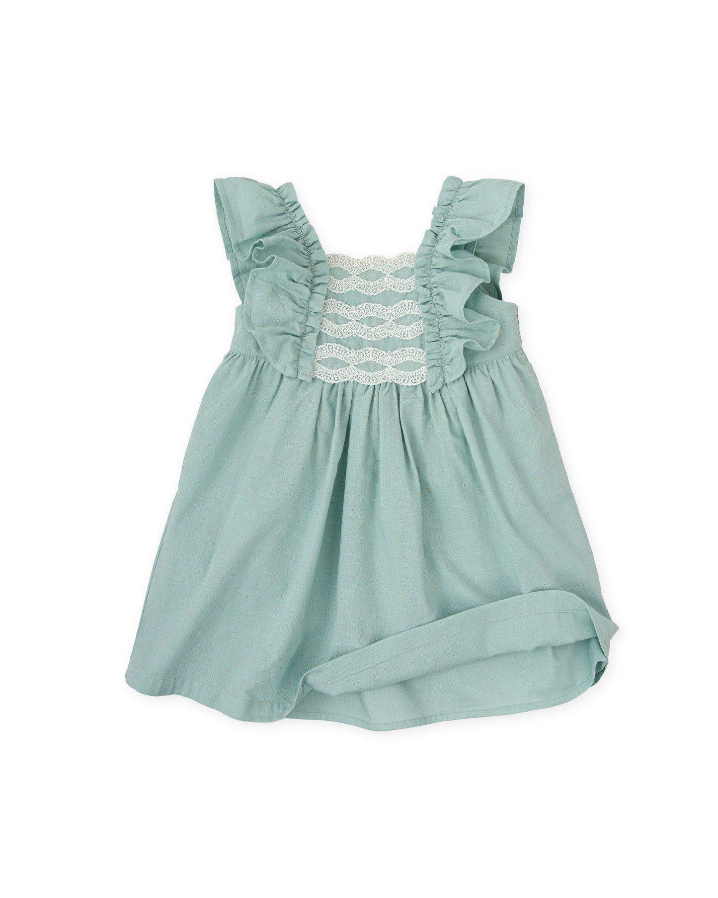 Girls' Soft Sage Ruffle Dress with Lace & Bow | 100% Cotton Elegance